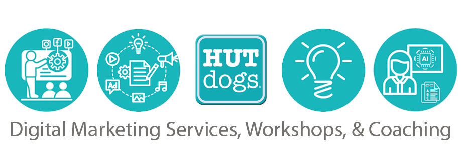 HUTdogs Logo with digital marketing, coaching and services icons